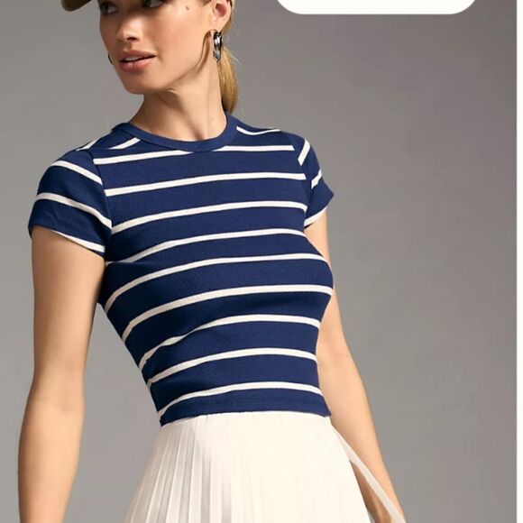 Maeve Tops - NWT Maeve Anthropologie Blaire baby tee cropped navy white L large